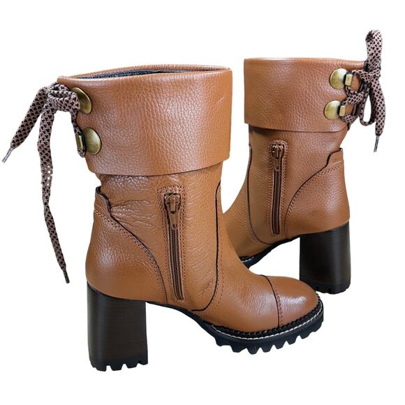 See By Chloe NWOB Lugg Sole Cognac Brown Leather Heeled Boots Size 37 (US 7) - Picture 6 of 10